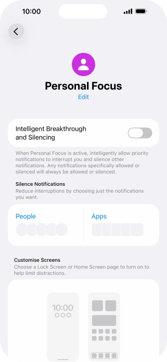 Press People and follow the instructions on the screen to select which contacts you would like to receive calls and notifications from when the selected focus mode is active. Press People and follow the instructions on the screen to select which contacts you would like to receive calls and notifications from when the selected focus mode is active.