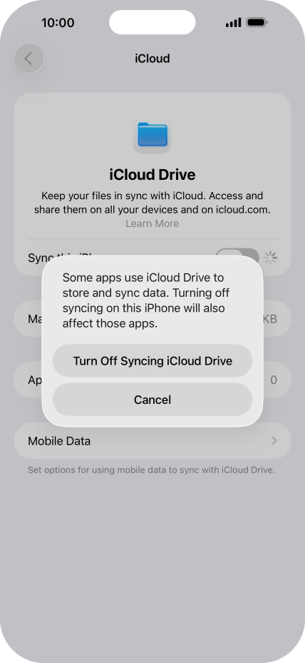 If you turn off the function, press Turn Off Syncing iCloud Drive. If you turn off the function, press Turn Off Syncing iCloud Drive.
