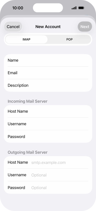 Press Host Name and key in the name of your email provider's outgoing server. Press Host Name and key in the name of your email provider's outgoing server.