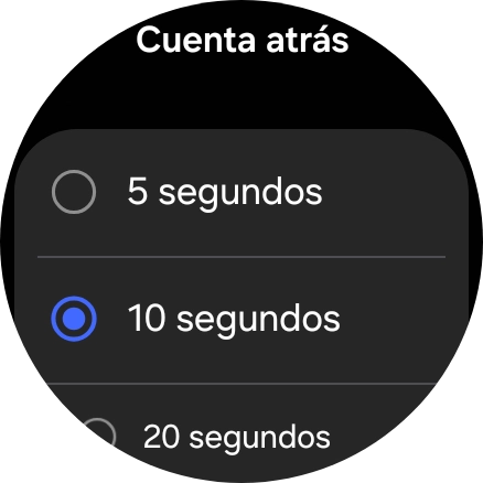Pulsa el ajuste deseado para seleccionar cuánto debe durar la cuenta atrás hasta que el smartwatch llame a la central de alarma en caso de registrar una caída grave. Pulsa el ajuste deseado para seleccionar cuánto debe durar la cuenta atrás hasta que el smartwatch llame a la central de alarma en caso de registrar una caída grave.