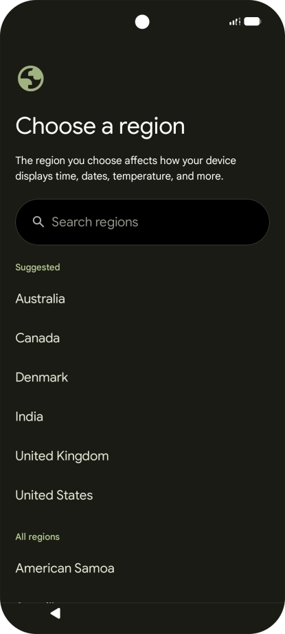 Press the required country or area. Press the required country or area.