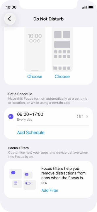 Press Add Schedule and follow the instructions on the screen to select settings for automatic activation of Do Not Disturb. Press Add Schedule and follow the instructions on the screen to select settings for automatic activation of Do Not Disturb.