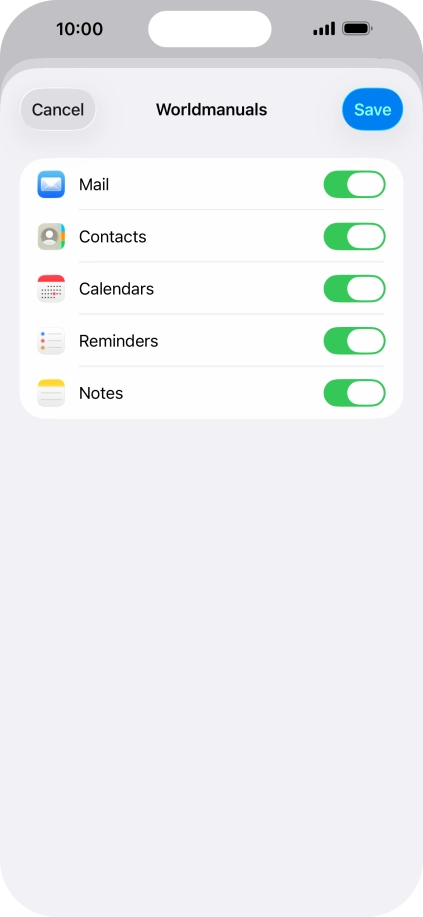 Press the indicators next to the required data types to turn synchronisation of each data type on or off. Press the indicators next to the required data types to turn synchronisation of each data type on or off.