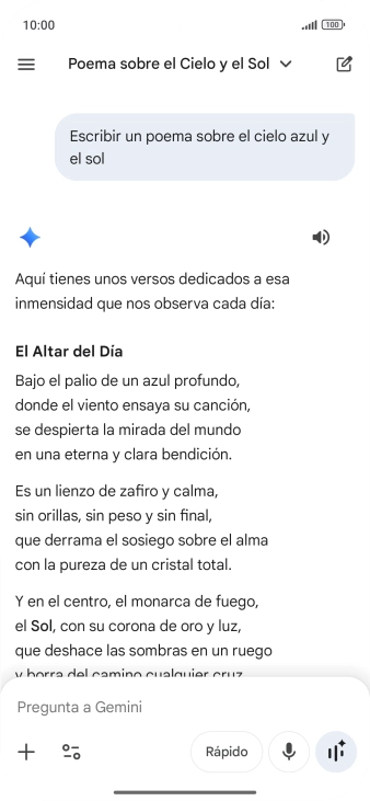 A Gemini le puedes pedir que genere un texto a partir de una descripción tuya. A Gemini le puedes pedir que genere un texto a partir de una descripción tuya.