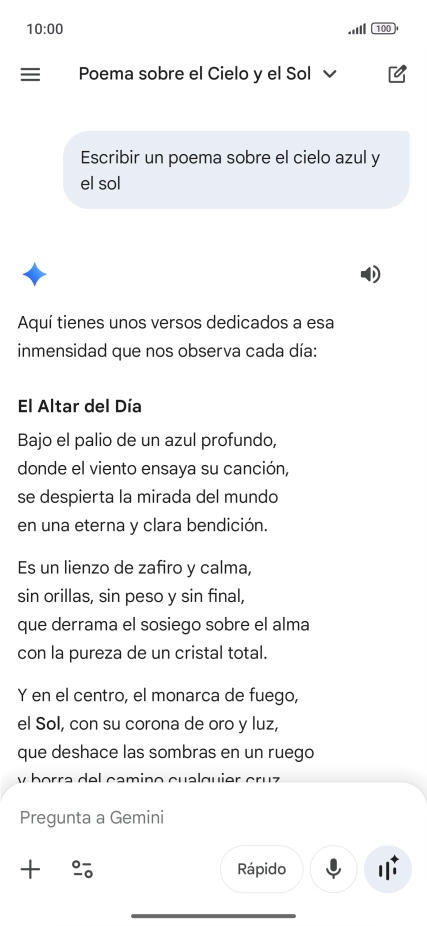 A Gemini le puedes pedir que genere un texto a partir de una descripción tuya. A Gemini le puedes pedir que genere un texto a partir de una descripción tuya.