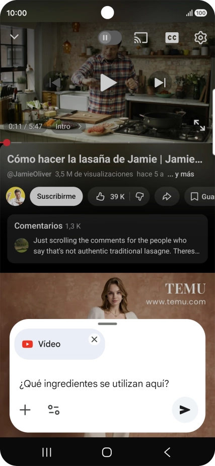 Sigue las indicaciones de la pantalla para escribir o decir en alto la pregunta que quieres hacer del vídeo. Sigue las indicaciones de la pantalla para escribir o decir en alto la pregunta que quieres hacer del vídeo.
