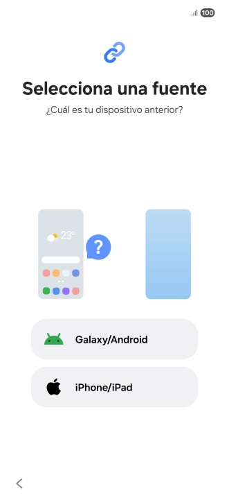 Pulsa el ajuste deseado y sigue las instrucciones de la pantalla para transferir el contenido del otro teléfono. Pulsa el ajuste deseado y sigue las instrucciones de la pantalla para transferir el contenido del otro teléfono.