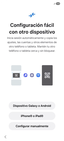 Pulsa la opción deseada para transferir contenido desde otro dispositivo y pulsa Configurar manualmente. Pulsa la opción deseada para transferir contenido desde otro dispositivo y pulsa Configurar manualmente.