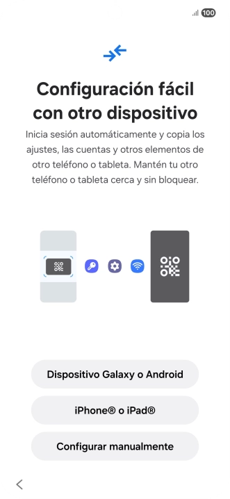 Pulsa la opción deseada para transferir contenido desde otro dispositivo y pulsa Configurar manualmente. Pulsa la opción deseada para transferir contenido desde otro dispositivo y pulsa Configurar manualmente.