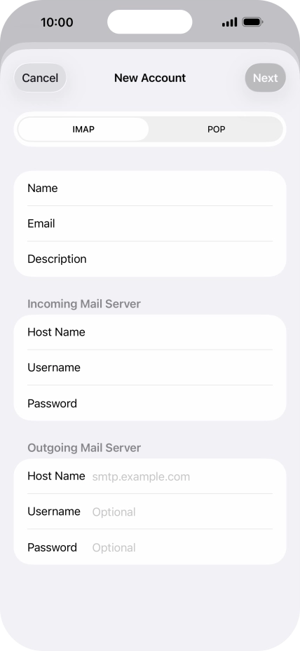 Press Host Name and key in the name of your email provider's outgoing server. Press Host Name and key in the name of your email provider's outgoing server.