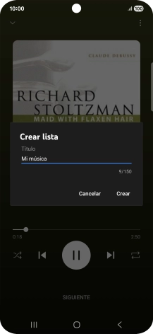Introduce el nombre deseado de la lista de reproducción y pulsa Crear. Introduce el nombre deseado de la lista de reproducción y pulsa Crear.