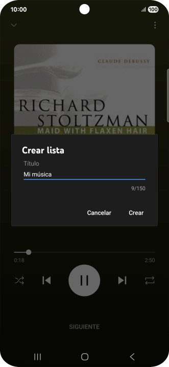 Introduce el nombre deseado de la lista de reproducción y pulsa Crear. Introduce el nombre deseado de la lista de reproducción y pulsa Crear.