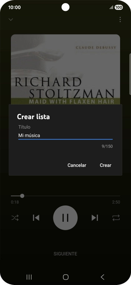 Introduce el nombre deseado de la lista de reproducción y pulsa Crear. Introduce el nombre deseado de la lista de reproducción y pulsa Crear.