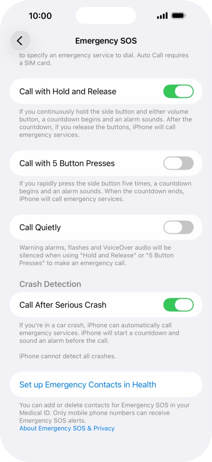Press Set up Emergency Contacts in Health and follow the instructions on the screen to key in your emergency info and emergency contacts. Press Set up Emergency Contacts in Health and follow the instructions on the screen to key in your emergency info and emergency contacts.
