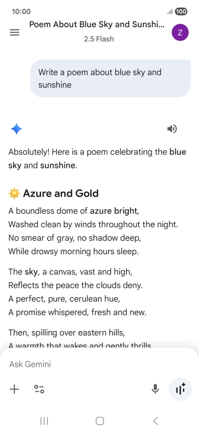 You can ask Gemini to generate a text based on your description. You can ask Gemini to generate a text based on your description.