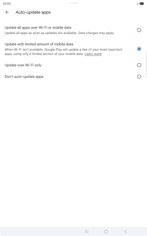 To turn on automatic update of apps using mobile network, press Update all apps over Wi-Fi or mobile data. To turn on automatic update of apps using mobile network, press Update all apps over Wi-Fi or mobile data.