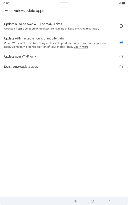 To turn on automatic update of apps using mobile network, press Update all apps over Wi-Fi or mobile data. To turn on automatic update of apps using mobile network, press Update all apps over Wi-Fi or mobile data.