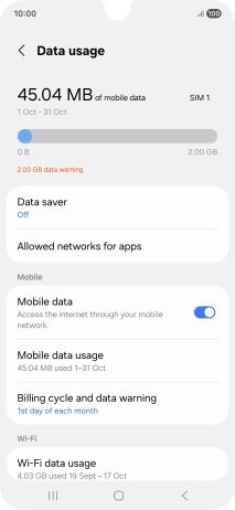 The total data usage is displayed. The total data usage is displayed.
