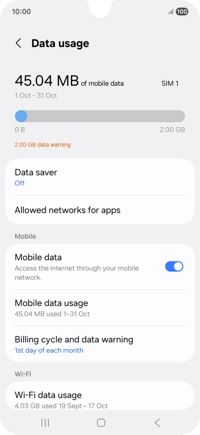 The total data usage is displayed. The total data usage is displayed.