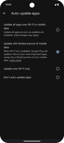 To turn on automatic update of apps using mobile network, press Update all apps over Wi-Fi or mobile data. To turn on automatic update of apps using mobile network, press Update all apps over Wi-Fi or mobile data.