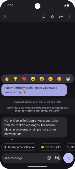 Press and hold the text suggestion from Gemini. Follow the instructions on the screen to use the text suggestion. Press and hold the text suggestion from Gemini. Follow the instructions on the screen to use the text suggestion.