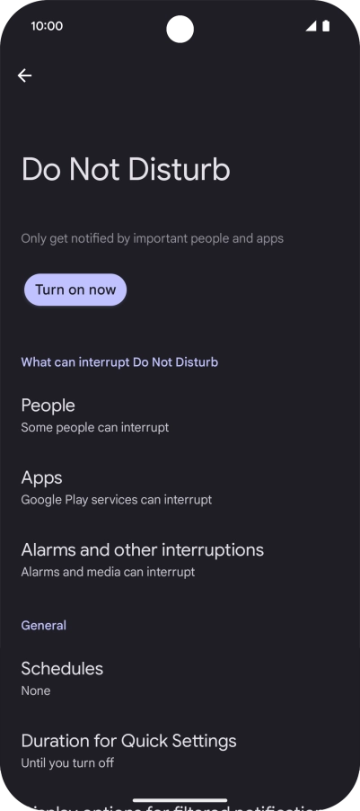 Press Turn on now to turn the function on or off. Press Turn on now to turn the function on or off.