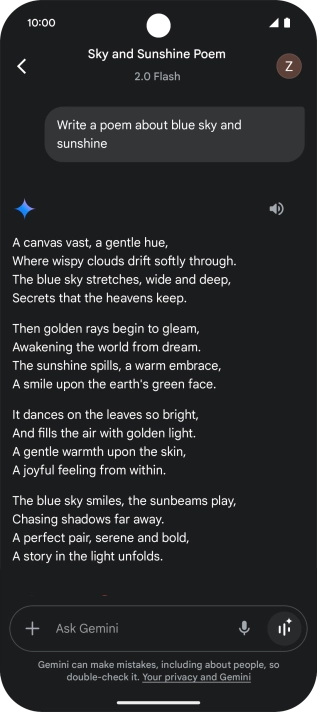 You can ask Gemini to generate a text based on your description. You can ask Gemini to generate a text based on your description.