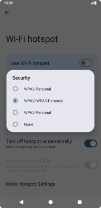 Press WPA3-Personal to password protect your Wi-Fi hotspot. Press WPA3-Personal to password protect your Wi-Fi hotspot.