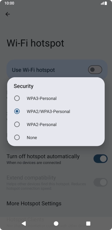 Press WPA3-Personal to password protect your Wi-Fi hotspot. Press WPA3-Personal to password protect your Wi-Fi hotspot.