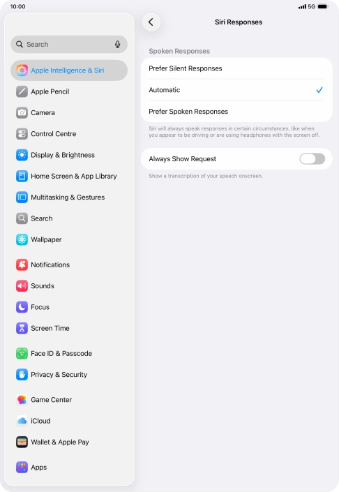 Press the required setting. Press the required setting.