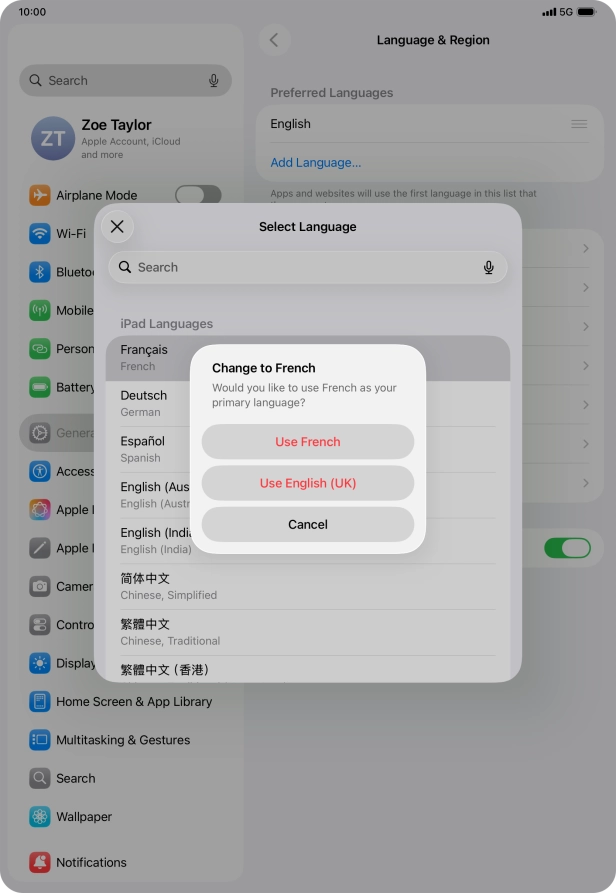 To select the new language as the default tablet language, press Use ‹language›. To select the new language as the default tablet language, press Use ‹language›.