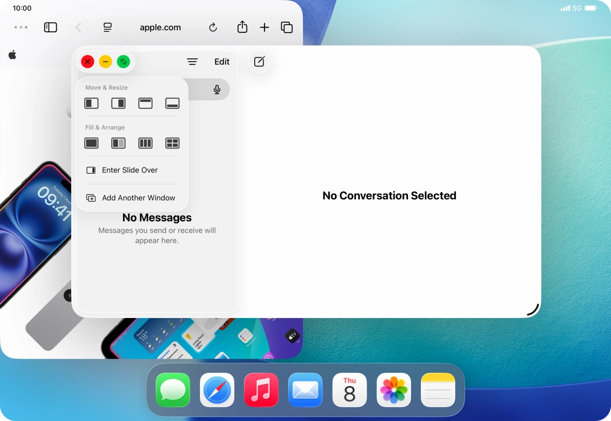Press the required setting to place the application window on the opposite side of the screen from the first application window. Press the required setting to place the application window on the opposite side of the screen from the first application window.