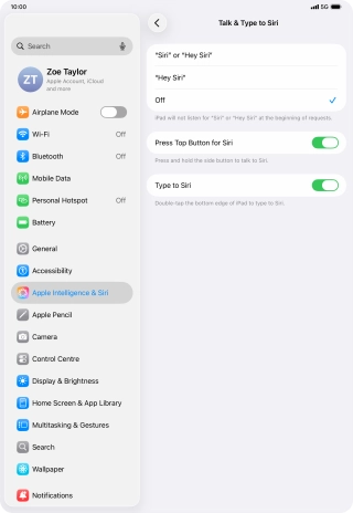 Press the required setting to turn the function on or off. If you turn on the function, you need to follow the instructions on the screen to set up Siri to recognise your voice. Press the required setting to turn the function on or off. If you turn on the function, you need to follow the instructions on the screen to set up Siri to recognise your voice.
