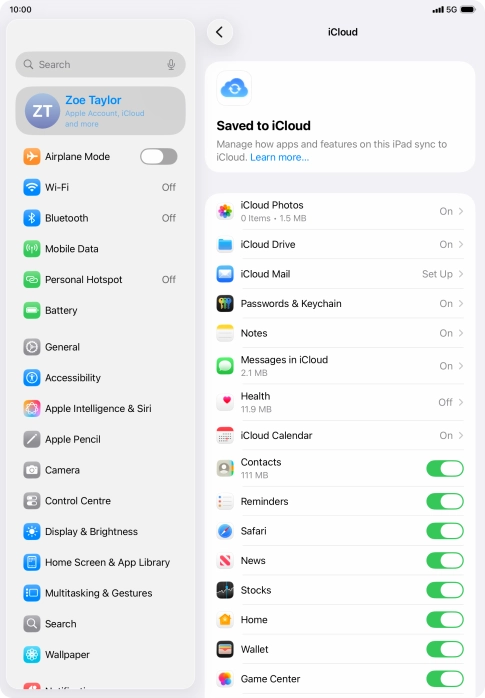 Press the indicators next to the required data types to turn synchronisation of each data type on or off. Press the indicators next to the required data types to turn synchronisation of each data type on or off.