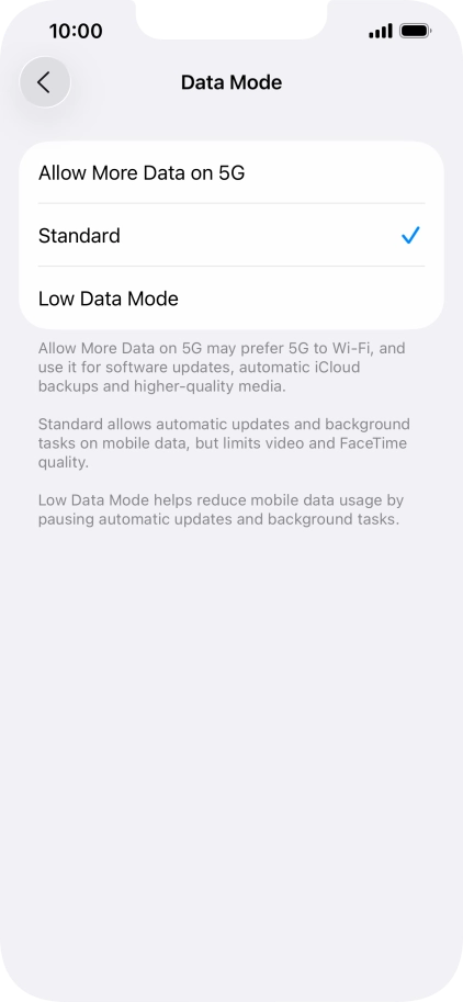 Press the required setting. Press the required setting.