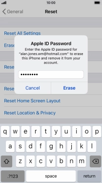 Key in the password for your Apple ID and press Erase. Wait a moment while the factory default settings are restored. Follow the instructions on the screen to set up your phone and prepare it for use. Key in the password for your Apple ID and press Erase. Wait a moment while the factory default settings are restored. Follow the instructions on the screen to set up your phone and prepare it for use.