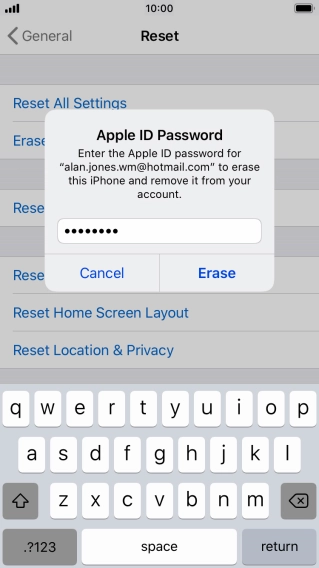 Key in the password for your Apple ID and press Erase. Wait a moment while the factory default settings are restored. Follow the instructions on the screen to set up your phone and prepare it for use. Key in the password for your Apple ID and press Erase. Wait a moment while the factory default settings are restored. Follow the instructions on the screen to set up your phone and prepare it for use.