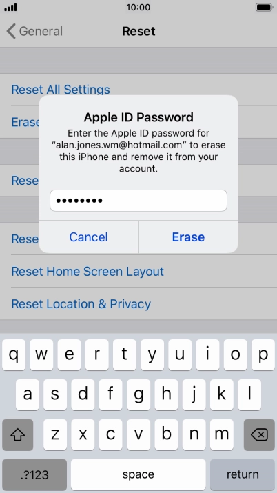 Key in the password for your Apple ID and press Erase. Wait a moment while the factory default settings are restored. Follow the instructions on the screen to set up your phone and prepare it for use. Key in the password for your Apple ID and press Erase. Wait a moment while the factory default settings are restored. Follow the instructions on the screen to set up your phone and prepare it for use.
