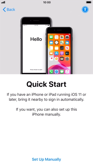 Follow the instructions on the screen to transfer content from another device running iOS 11 or later or press Set Up Manually. Follow the instructions on the screen to transfer content from another device running iOS 11 or later or press Set Up Manually.