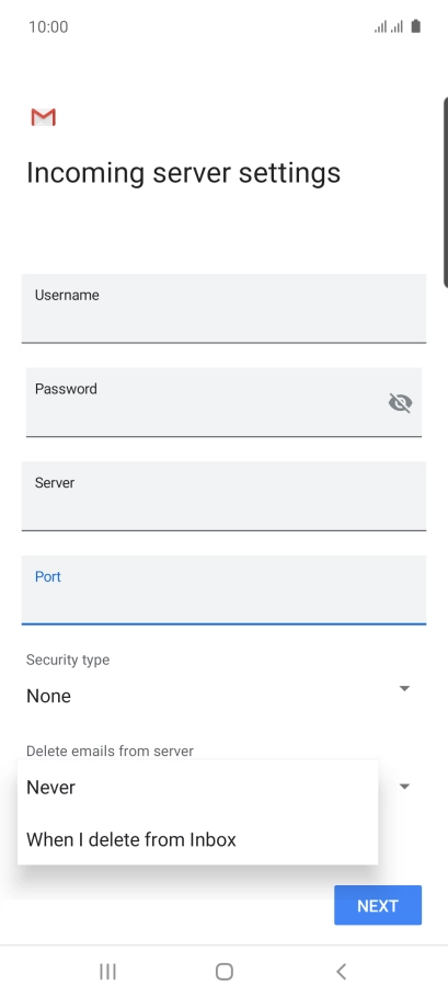 Press Never to keep email messages on the server when you delete them on your phone. Press Never to keep email messages on the server when you delete them on your phone.