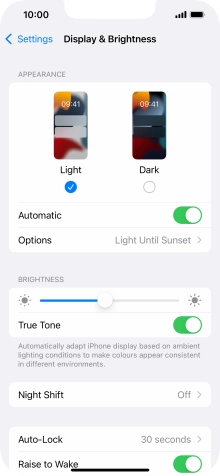 If you turn on the function, press Options and follow the instructions on the screen to select the required period of time for Dark Mode. If you turn on the function, press Options and follow the instructions on the screen to select the required period of time for Dark Mode.