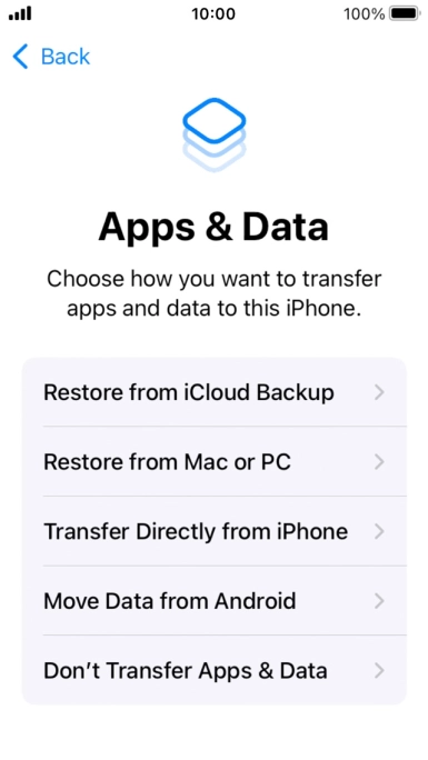 Press Don't Transfer Apps & Data and follow the instructions on the screen to finish the activation. Press Don't Transfer Apps & Data and follow the instructions on the screen to finish the activation.