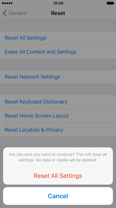 Press Reset All Settings. Wait a moment while the factory default settings are restored.
Follow the instructions on the screen to set up your phone and prepare it for use. Press Reset All Settings. Wait a moment while the factory default settings are restored.
Follow the instructions on the screen to set up your phone and prepare it for use.