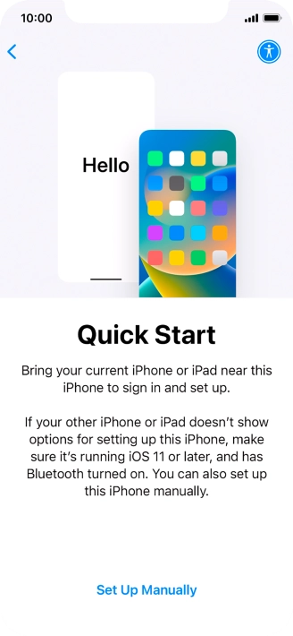 Follow the instructions on the screen to transfer content from another device running iOS 11 or later or press Set Up Manually. Follow the instructions on the screen to transfer content from another device running iOS 11 or later or press Set Up Manually.