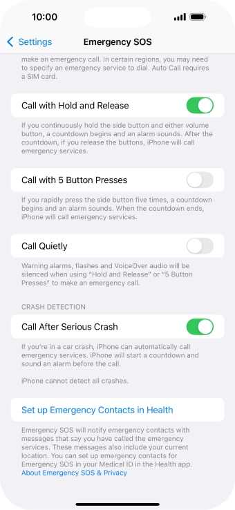 Press Set up Emergency Contacts in Health and follow the instructions on the screen to key in your emergency info and emergency contacts. Press Set up Emergency Contacts in Health and follow the instructions on the screen to key in your emergency info and emergency contacts.