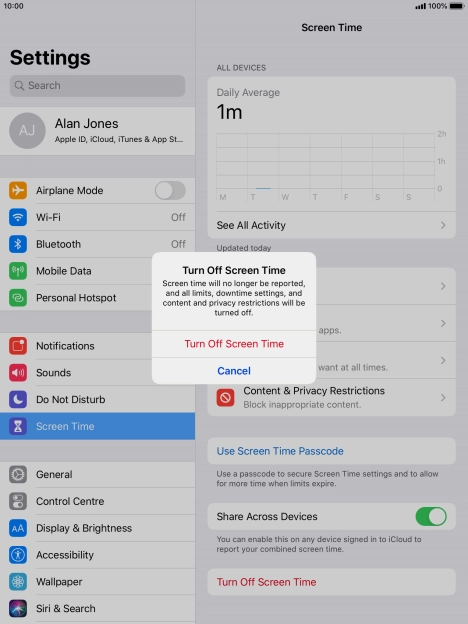 Press Turn Off Screen Time. Press Turn Off Screen Time.