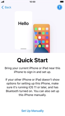 Follow the instructions on the screen to transfer content from another device running iOS 11 or later or press Set Up Manually. Follow the instructions on the screen to transfer content from another device running iOS 11 or later or press Set Up Manually.
