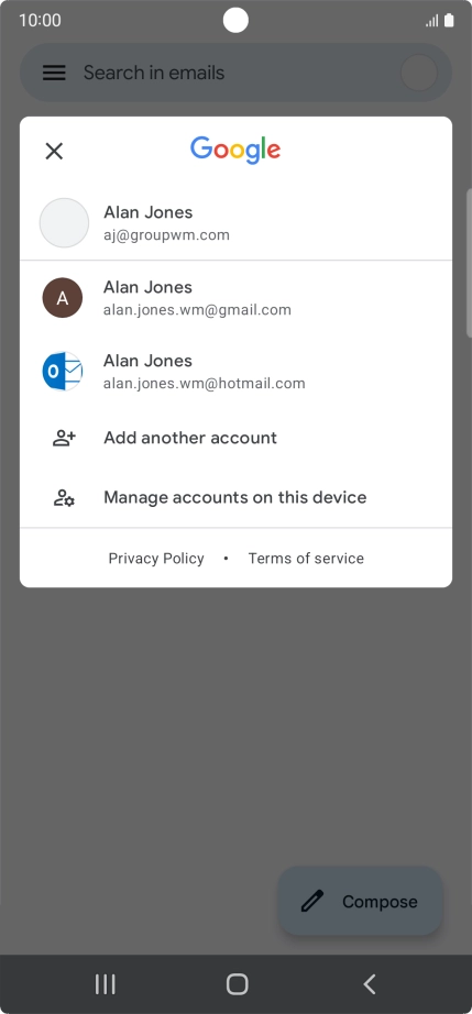 Press the required email account. Press the required email account.