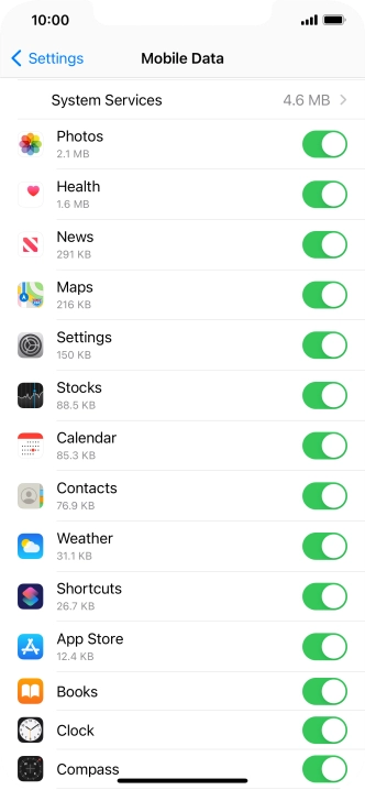 The data usage for each application is displayed below the name of the application. The data usage for each application is displayed below the name of the application.
