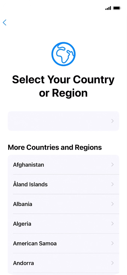 Press the required country or area. Press the required country or area.